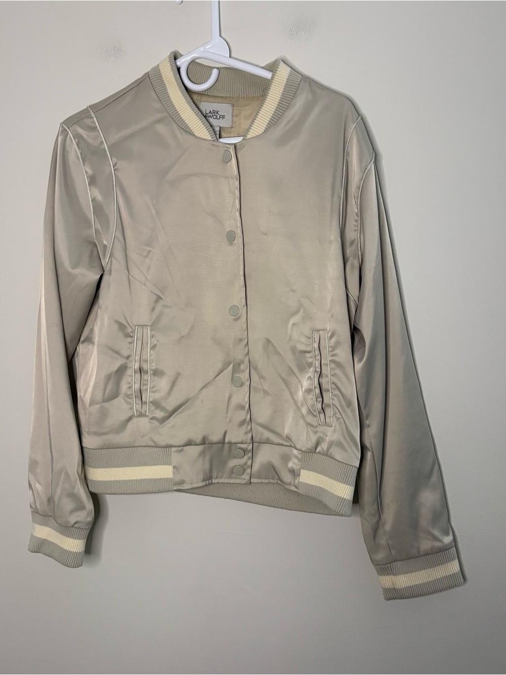 Lark & Wolff Women’s Large Button Up Varsity Jacket Beige Tan School Bomber